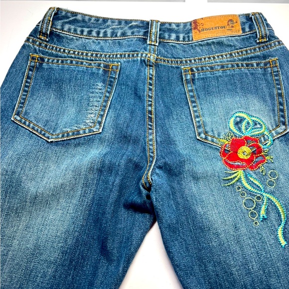 Vintage Moguitou MGT fashion brand distressed Embroidered Straight Low Rise 28 - Picture 2 of 9